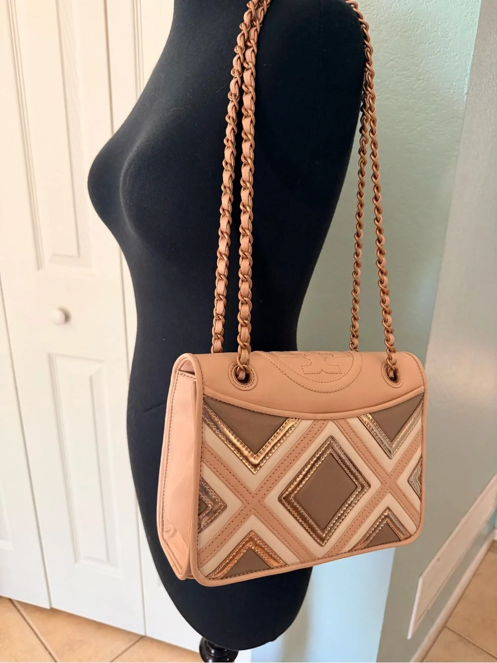 Tory Burch Pink, Taupe & Cream Quilted Chain Shoulder Bag